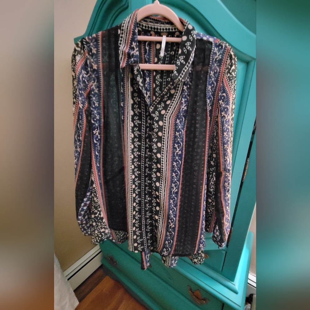 Free People Black and Blue Patterned Blouse